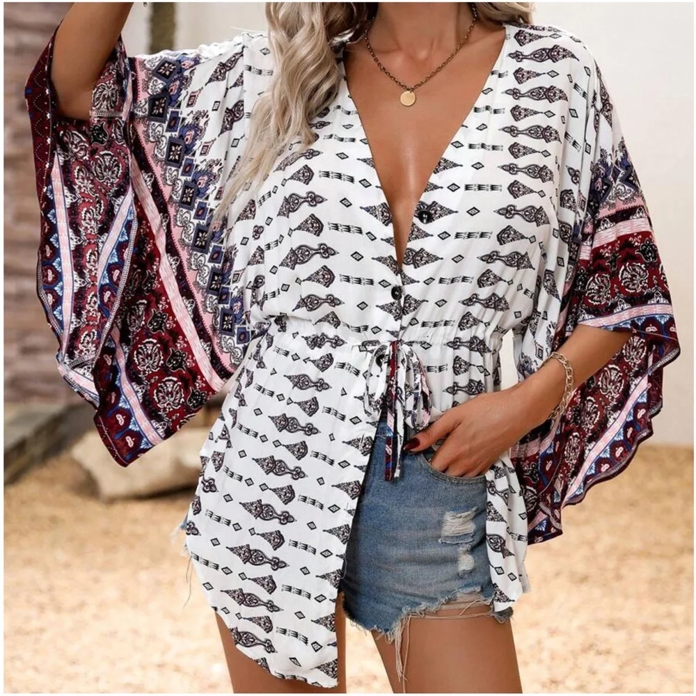 09 Geo Print Button up Waist Tie Loose Fit Top - Picture 5 of 5